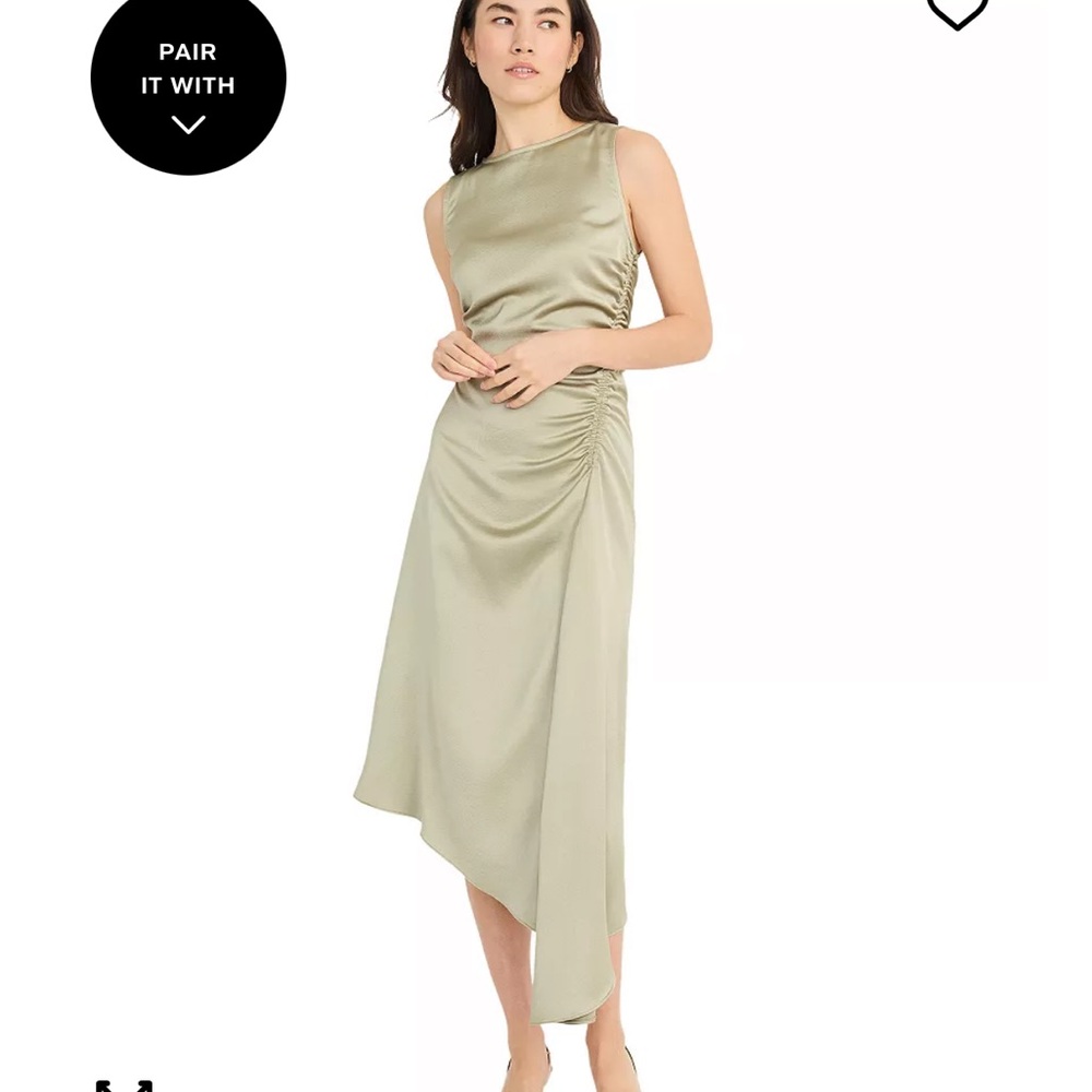 Luxely sage green ruched asymmetrical mid dress